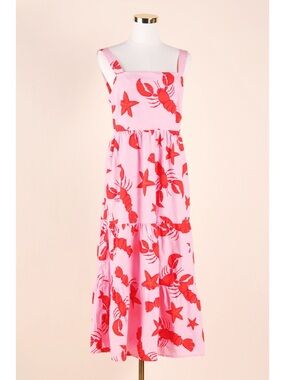 Sz 8 J. Crew Cotton Lobster Print Sleeveless Square Neck Tiered Maxi Dress EUC